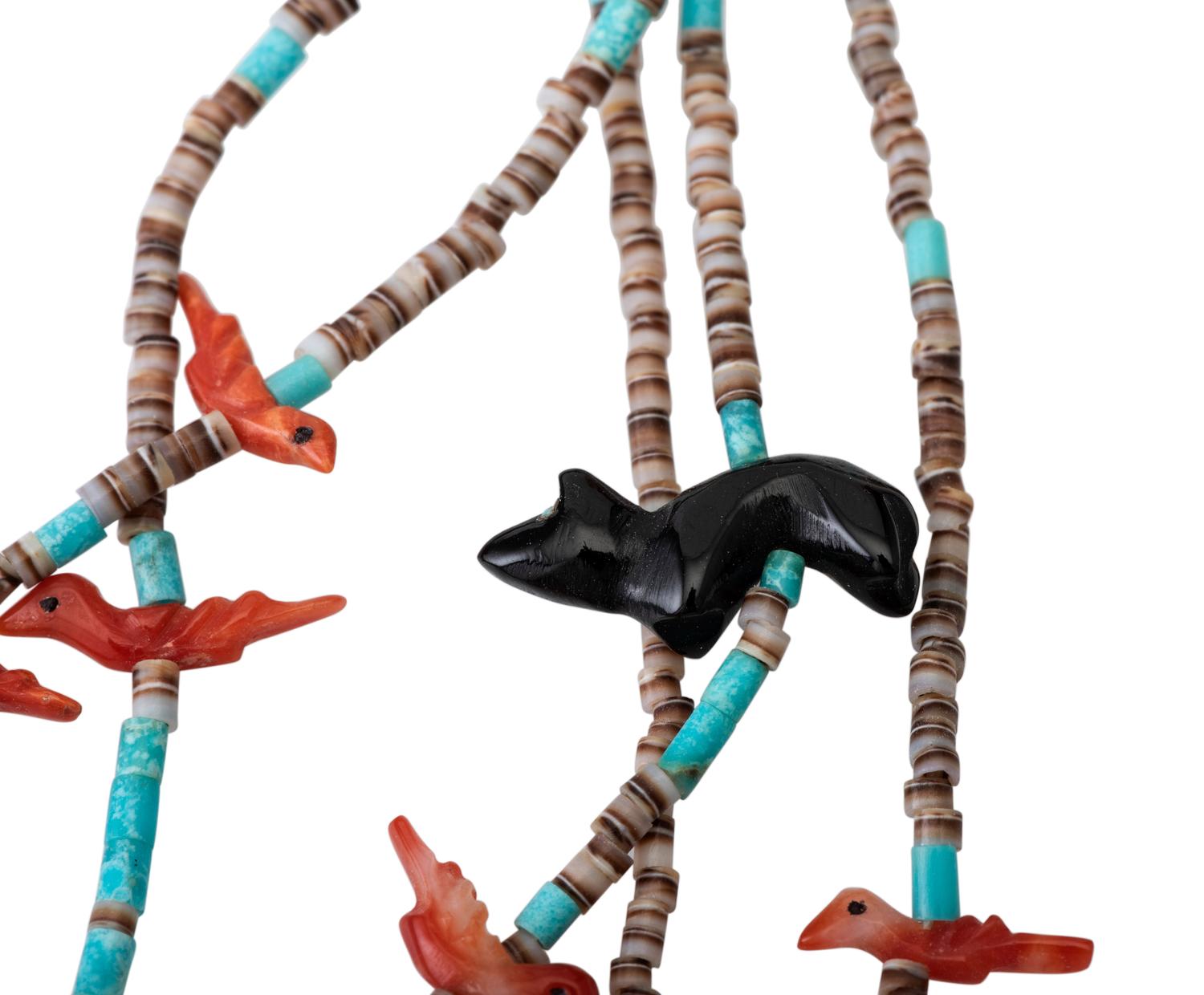 Zuni Multi-Strand Bird and Bear Fetish Necklace
