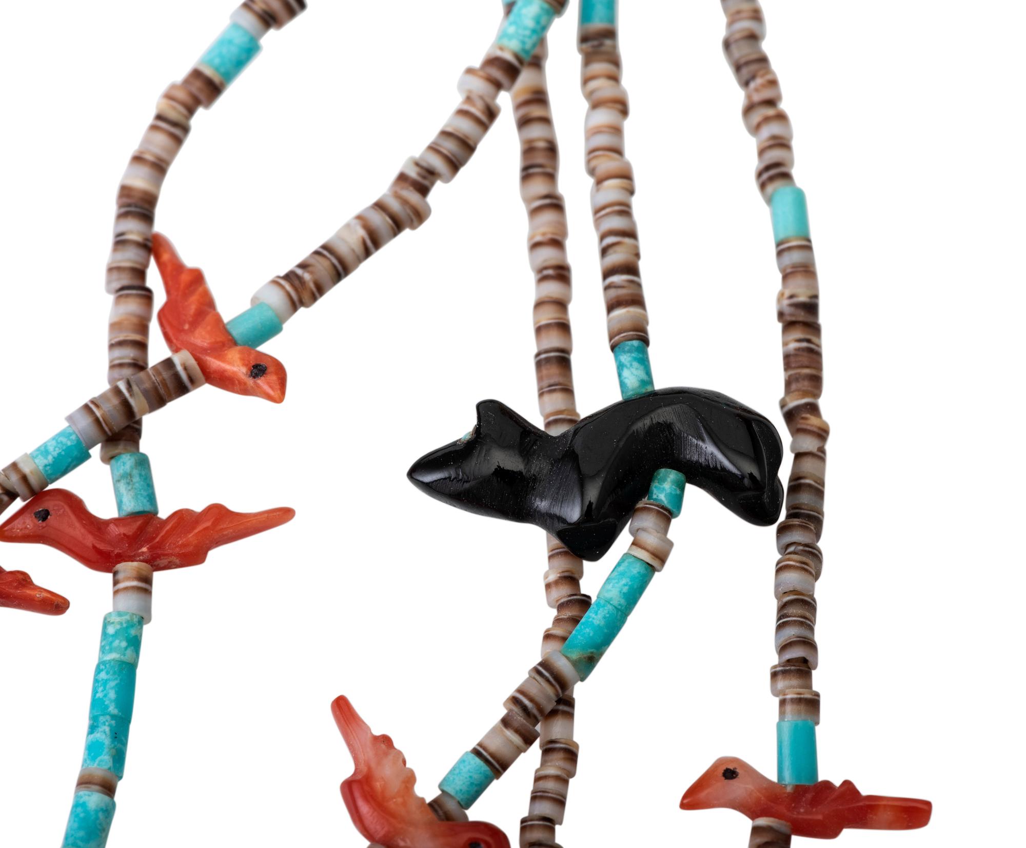 Zuni Multi-Strand Bird and Bear Fetish Necklace