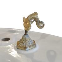 A Porcelain Pedestal Sink with Aquatic Hardware 37.5" W x 27.5" D x 32" H — United States, 20th Century
