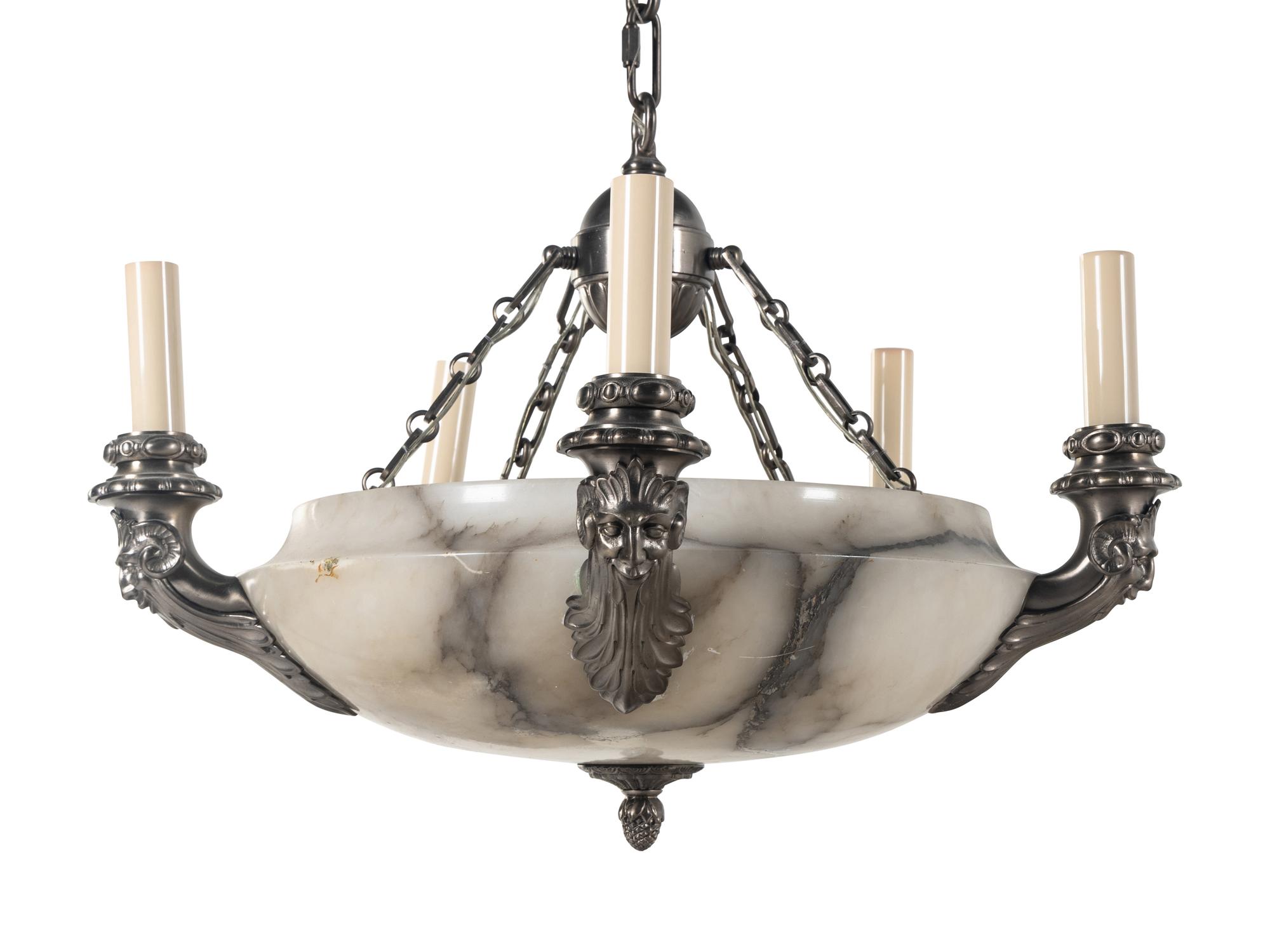 A Neoclassical Style Silvered Brass and Alabaster Five-Light Chandelier