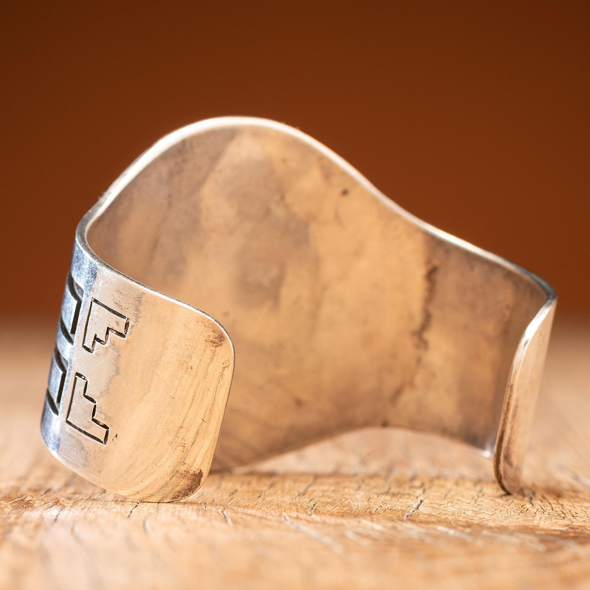 Herbert Komayouse (Hopi, act. since 1940s) Pahlik Mana Silver Overlay Cuff Bracelet