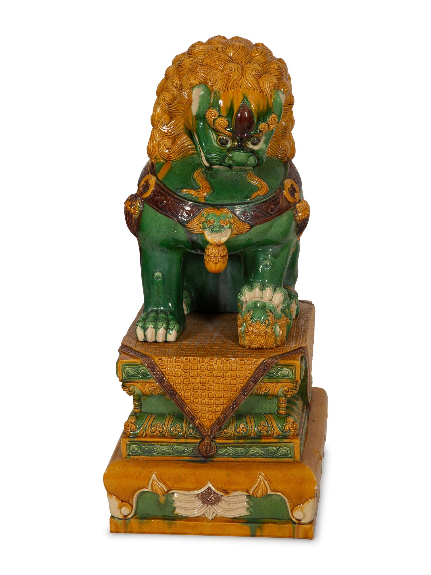 A Large Pair of Sançai-Glazed Porcelain Guardian Lions