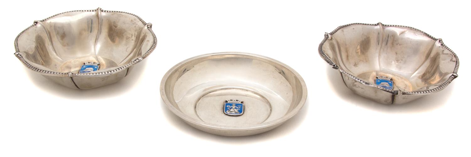 Three Pieces of Continental Silver, Various Makers, including two .830 sweet meat dishes with enameled armorial, one .925 sweet meat di