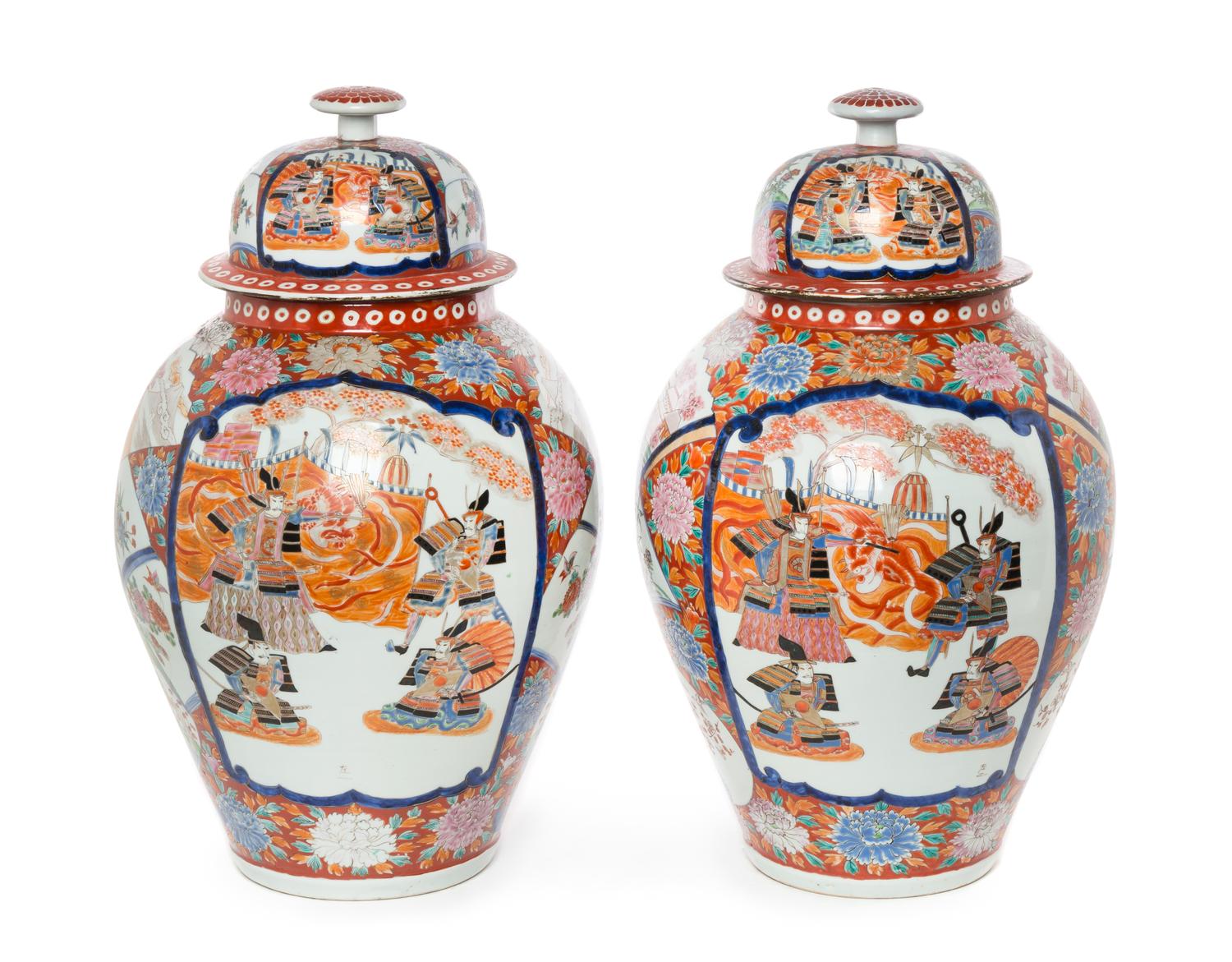 A Pair of Japanese Hichozan Fukagawa Covered Porcelain Jars Height 21 1/2 inches. — 19TH/20TH CENTURY
