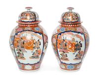 A Pair of Japanese Hichozan Fukagawa Covered Porcelain Jars Height 21 1/2 inches. — 19TH/20TH CENTURY