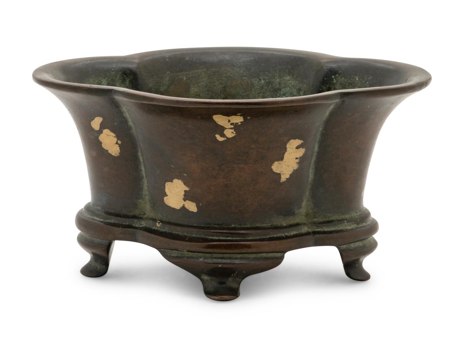 A Gold-Splashed Flori-Form Bronze Incense Burner