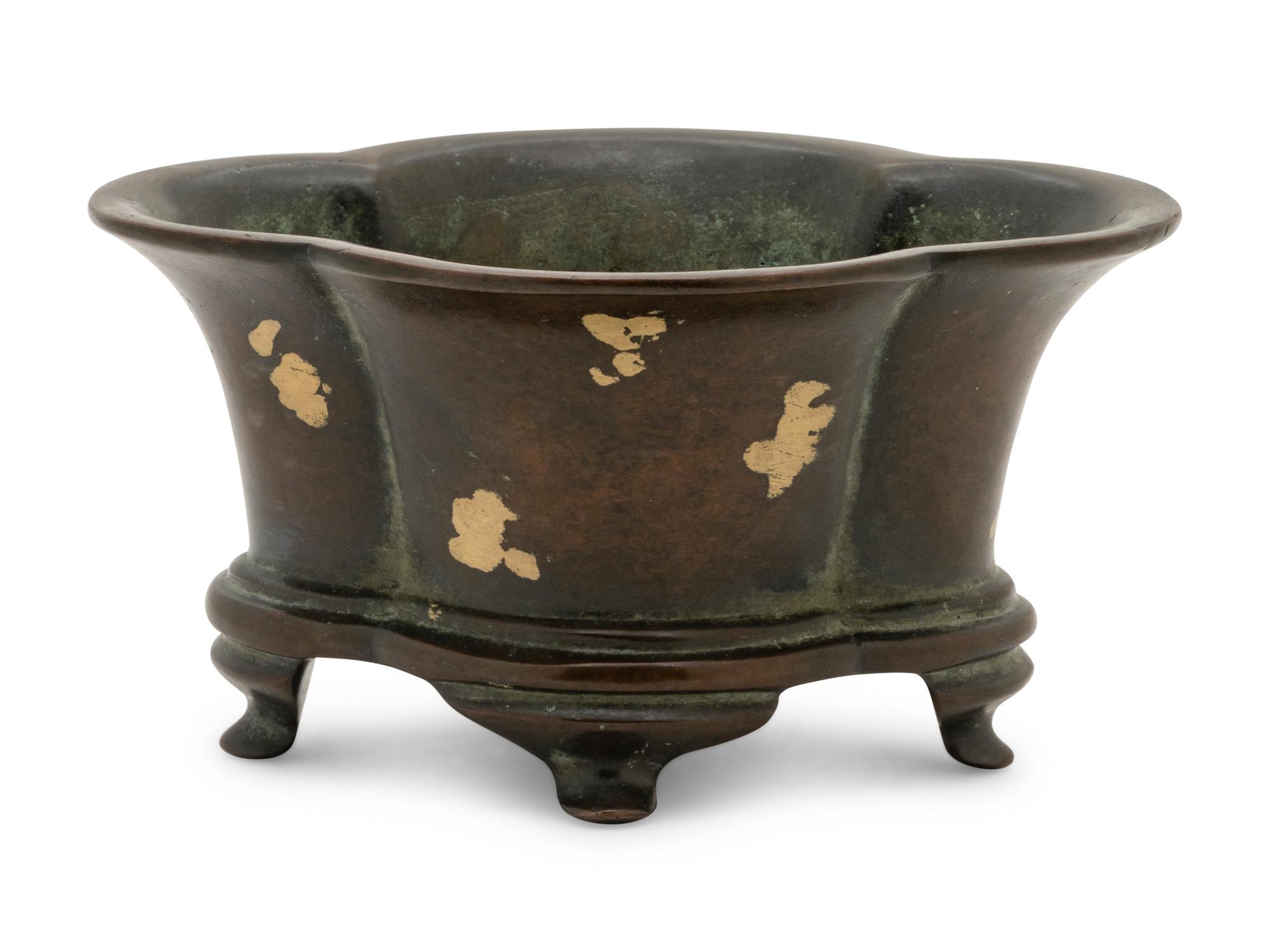 A Gold-Splashed Flori-Form Bronze Incense Burner