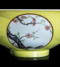 A Pair of Chinese Sgraffito Ground Yellow Glazed Famille Rose Porcelain 'Floral' Bowls, Late 19th/early 20th Century 晚清/民國 黃地軋道開光花卉紋碗一對