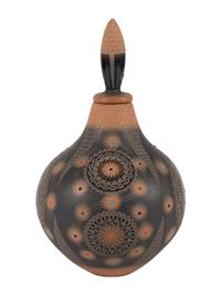 Black and Sienna Jar, with Turquoise, Coral, and Lapis Beads