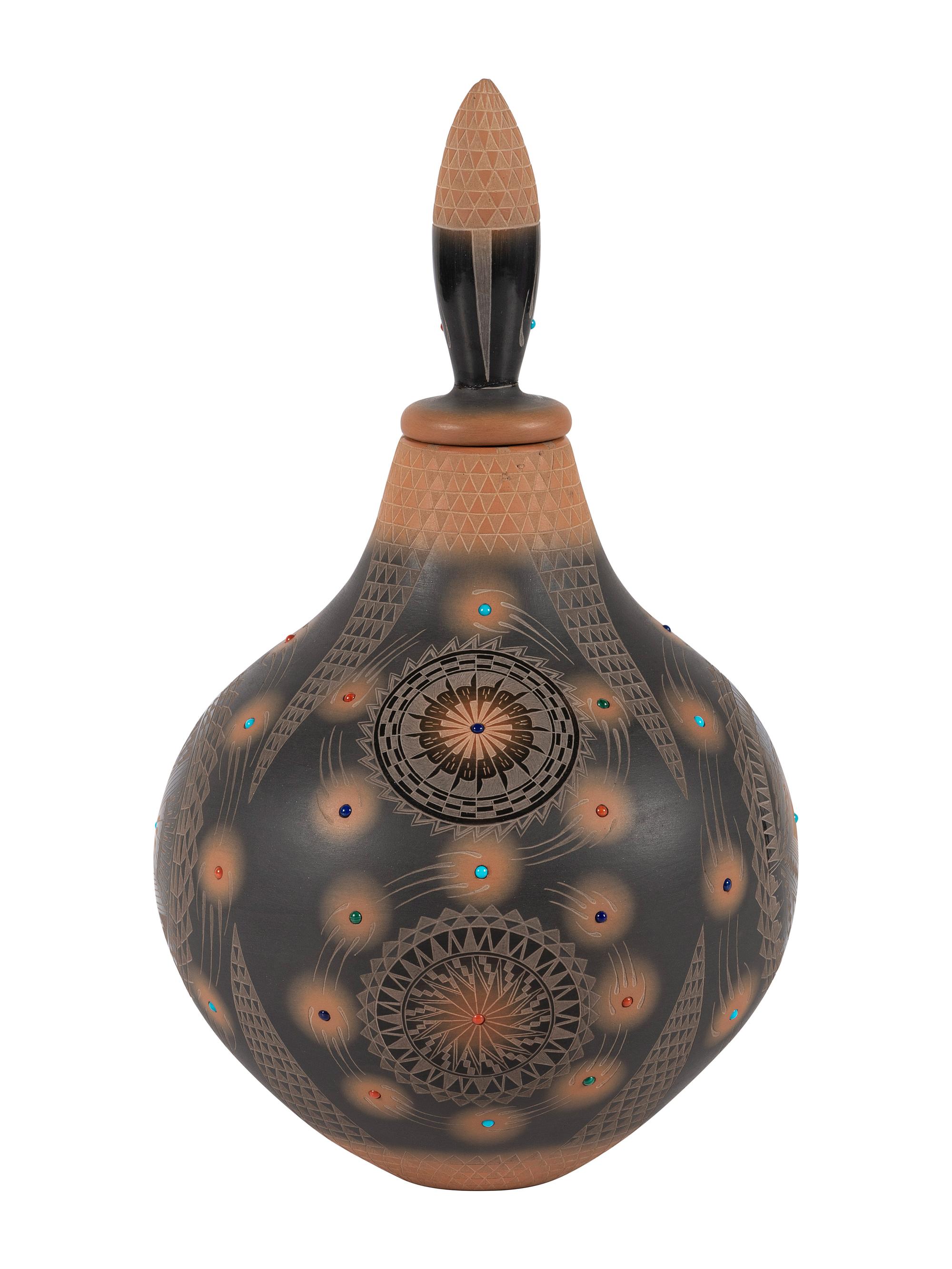 Black and Sienna Jar, with Turquoise, Coral, and Lapis Beads