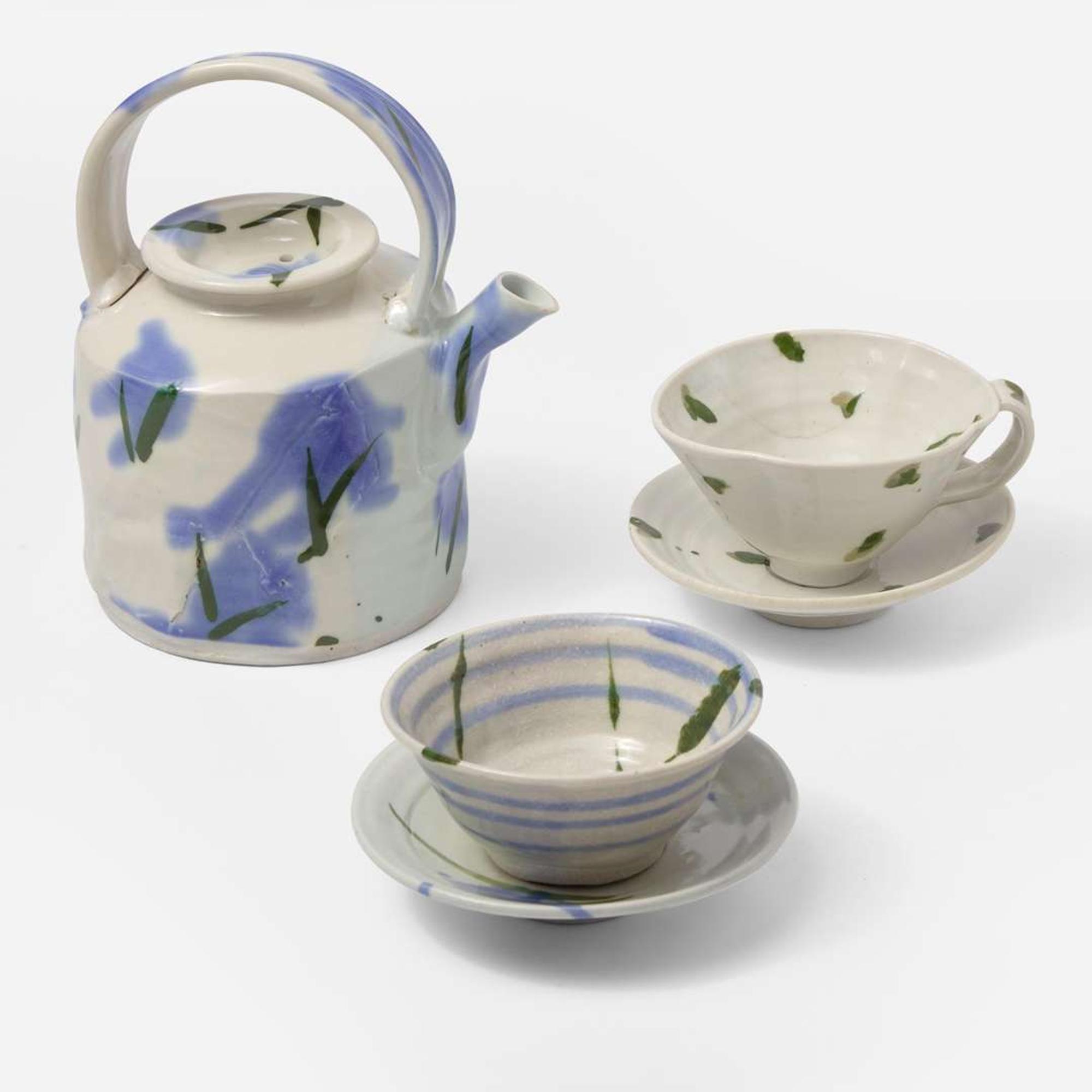 Betty Woodman (American, 1938-2018) Teapot and Two Cups and Saucers, USA, circa 1980
