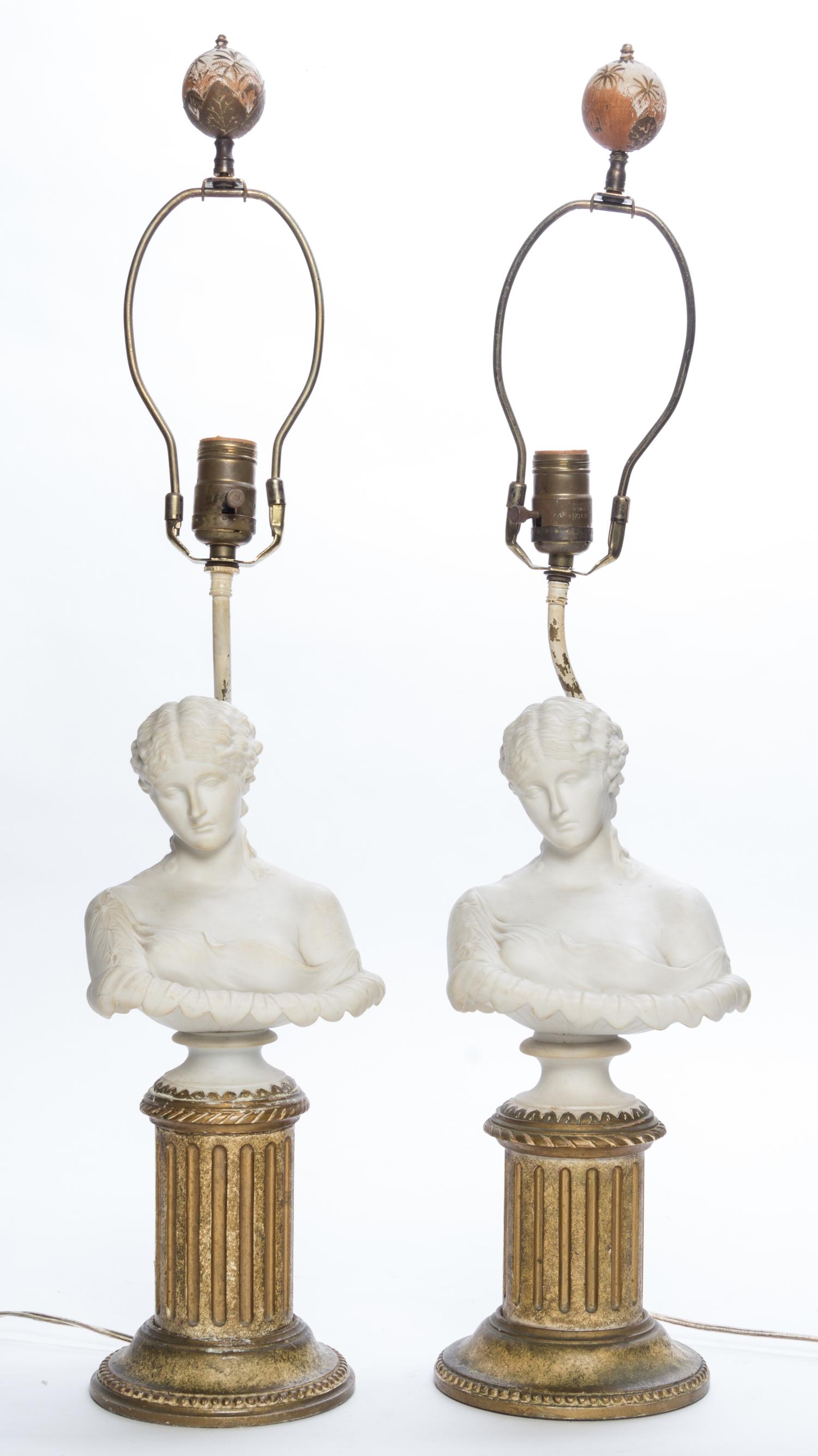A Pair of Bisque Porcelain Busts Mounted as Lamps Height 20 1/4 inches.