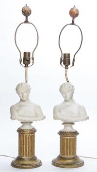 A Pair of Bisque Porcelain Busts Mounted as Lamps Height 20 1/4 inches.