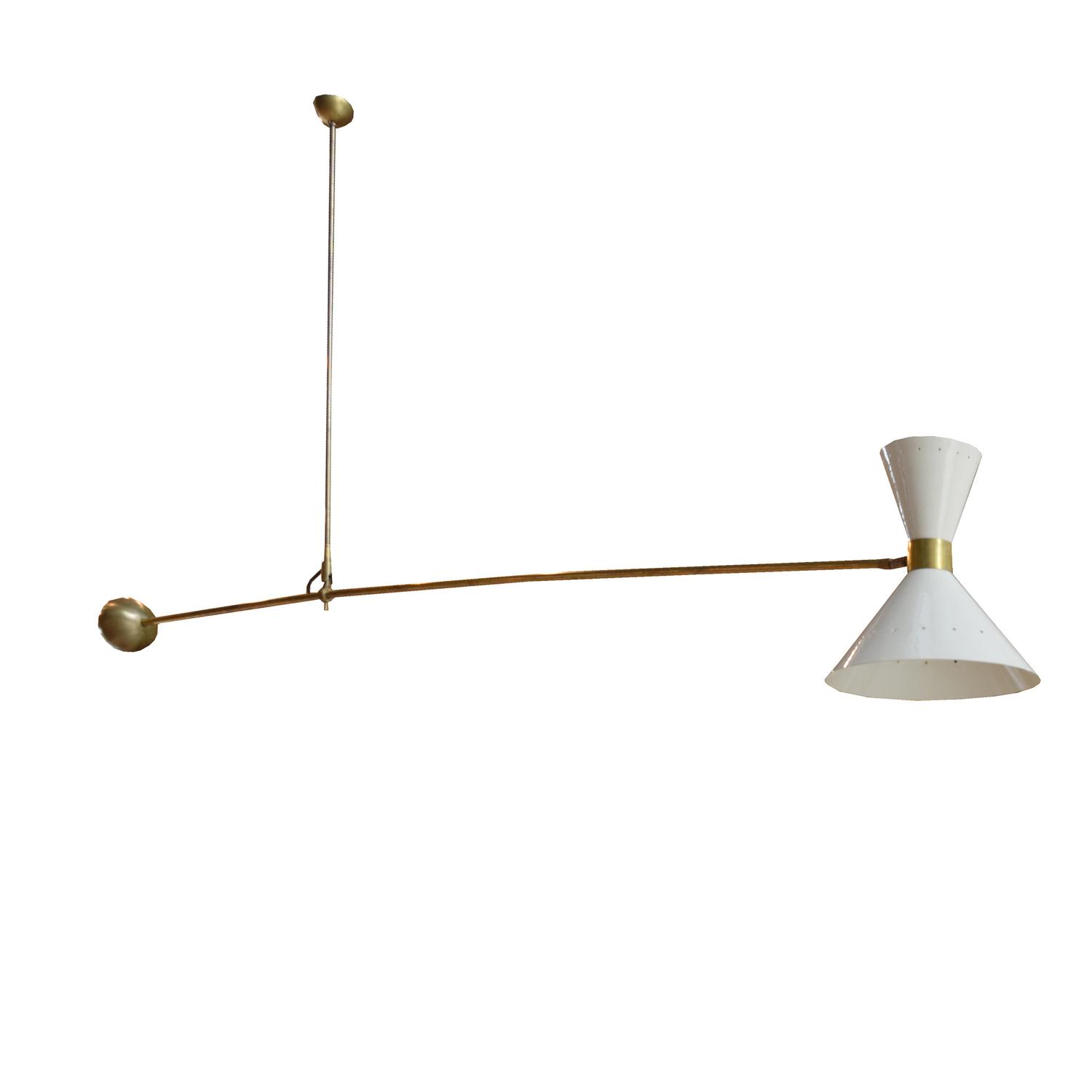 A Brass and Enamel Mid-Century Light Fixture, in the Style of Stilnovo 80" w x 36" H — France, Mid-20th Century
