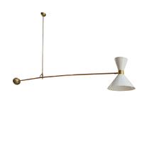 A Brass and Enamel Mid-Century Light Fixture, in the Style of Stilnovo 80" w x 36" H — France, Mid-20th Century
