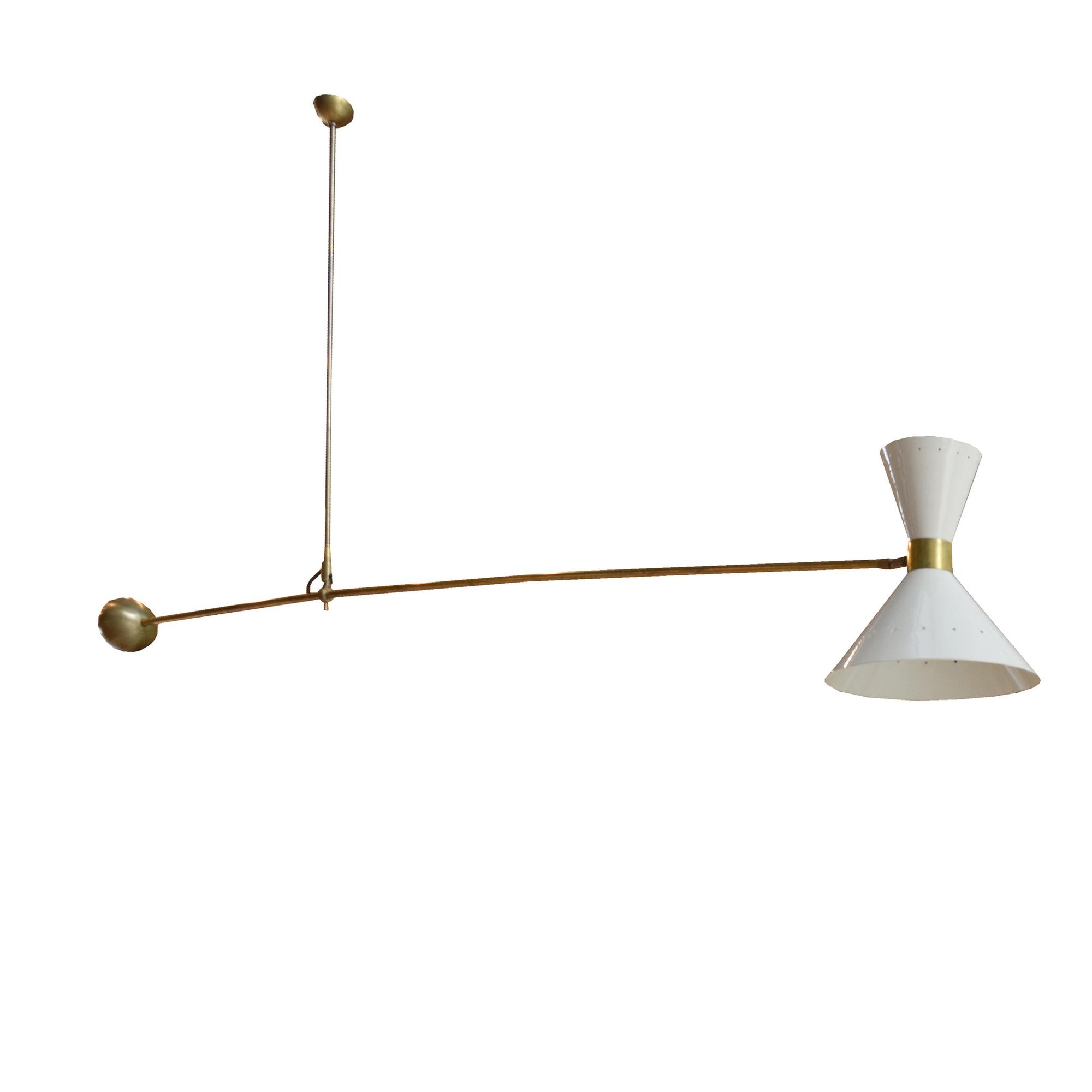 A Brass and Enamel Mid-Century Light Fixture, in the Style of Stilnovo 80" w x 36" H — France, Mid-20th Century