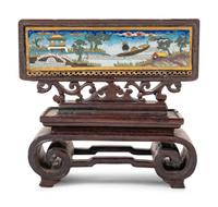 A Chinese Cloisonné Enamel Inset Hardwood Table Screen
