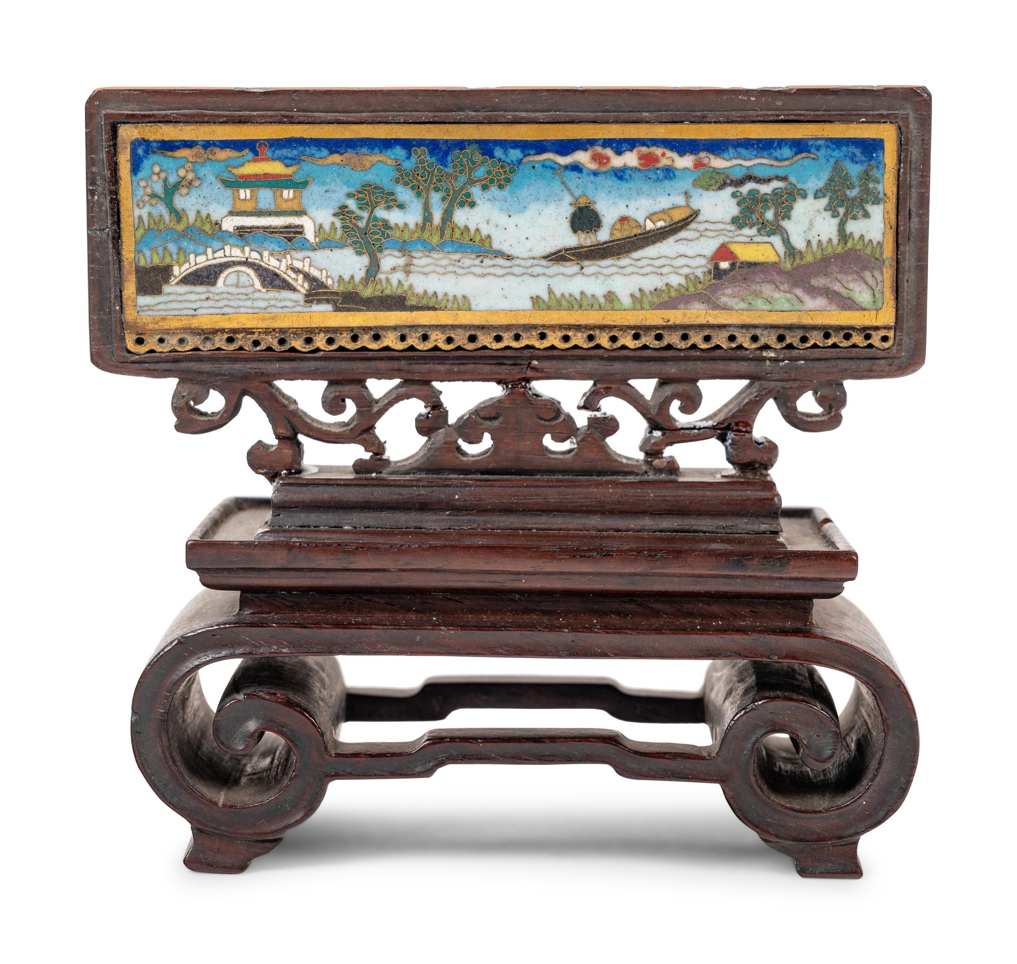 A Chinese Cloisonné Enamel Inset Hardwood Table Screen