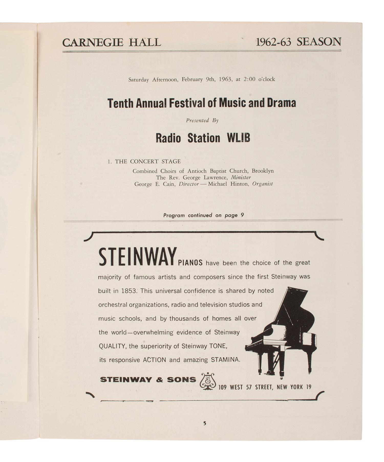 HUGHES, Langston (1902-1967). Print program from the "Tenth Annual Festival of Music and Drama" signed ("Langston Hughes"). Carnegie Hall, New York, 9 February 1963.