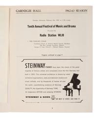 HUGHES, Langston (1902-1967). Print program from the "Tenth Annual Festival of Music and Drama" signed ("Langston Hughes"). Carnegie Hall, New York, 9 February 1963.