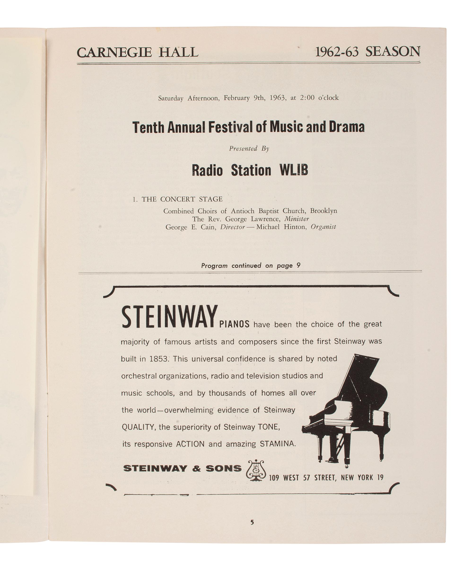 HUGHES, Langston (1902-1967). Print program from the "Tenth Annual Festival of Music and Drama" signed ("Langston Hughes"). Carnegie Hall, New York, 9 February 1963.