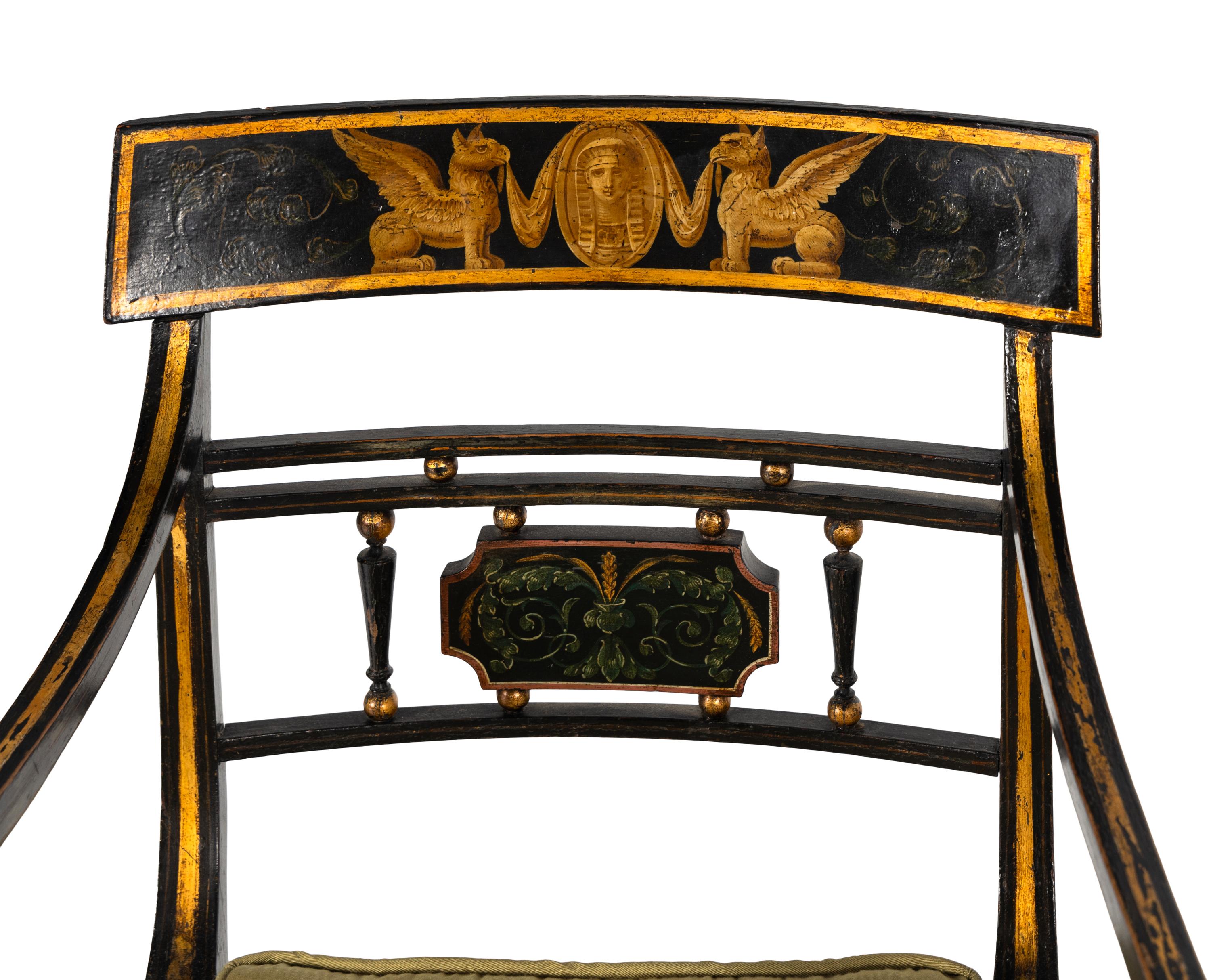 A Set of Four Regency Style Paint Decorated Cane-Seat Armchairs