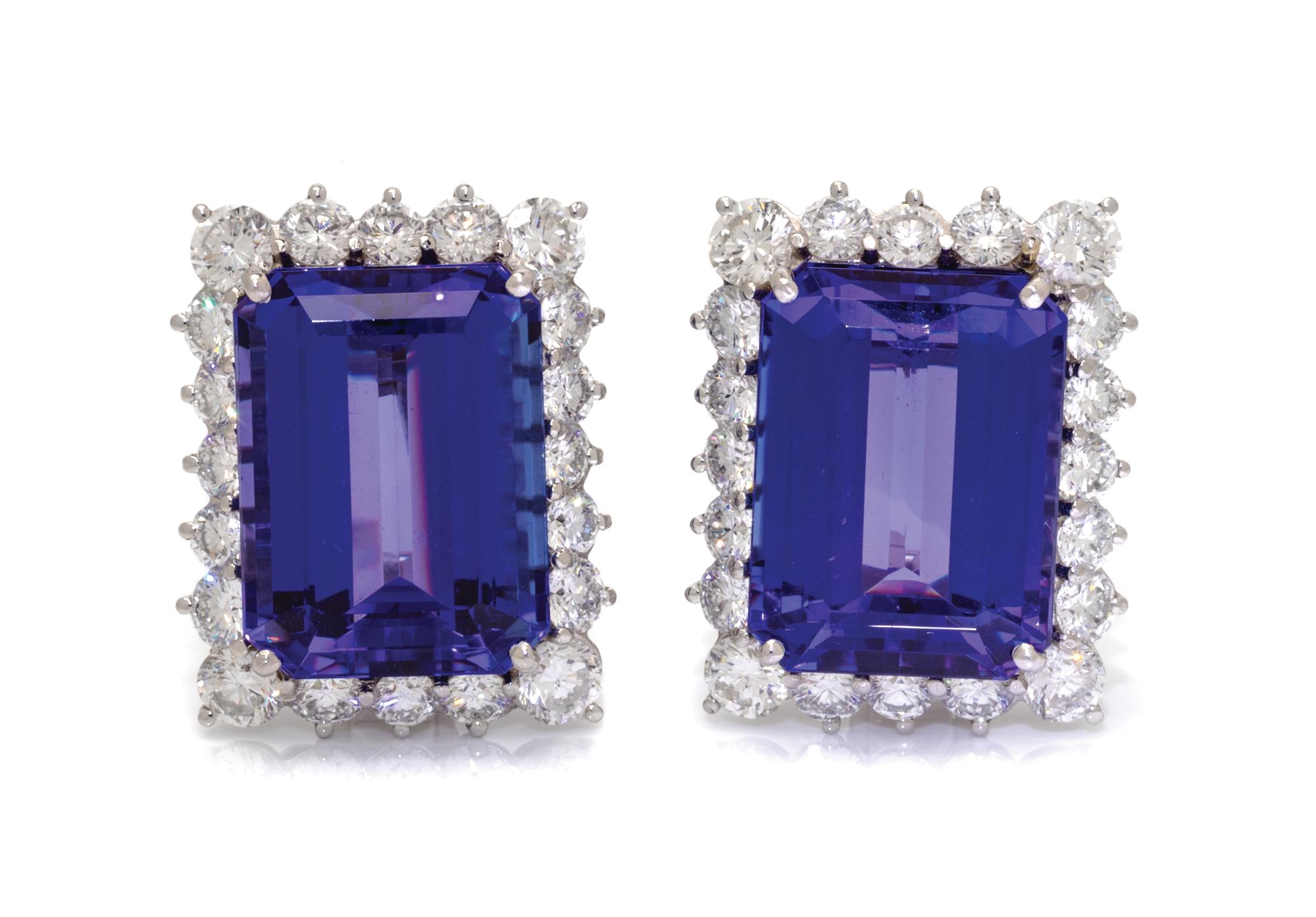 A Pair of Platinum, Tanzanite and Diamond Earclips, 17.40 dwts.