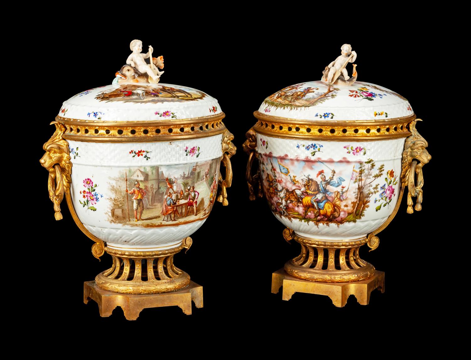 A Pair of Gilt-Bronze-Mounted German Porcelain Covered Urns on Stands