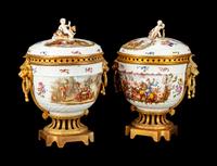 A Pair of Gilt-Bronze-Mounted German Porcelain Covered Urns on Stands