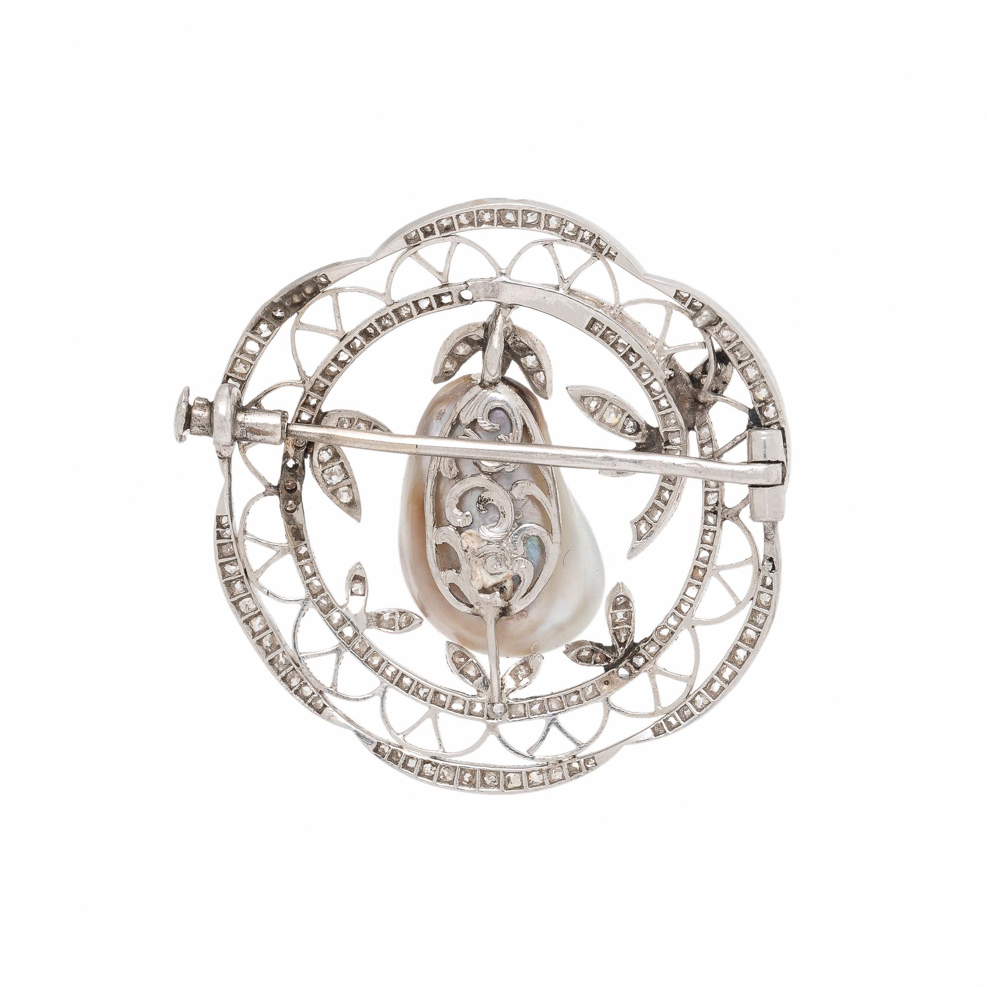Antique, Natural Silver Pearl, Diamond, and Platinum Brooch