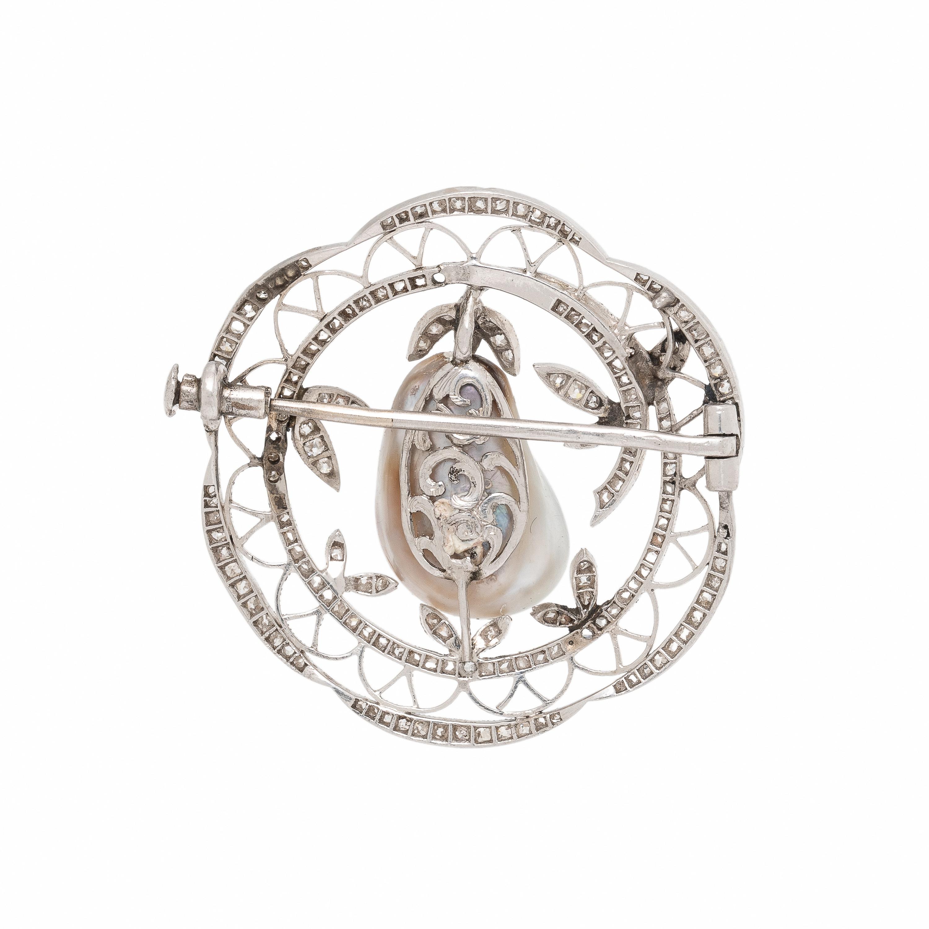 Antique, Natural Silver Pearl, Diamond, and Platinum Brooch
