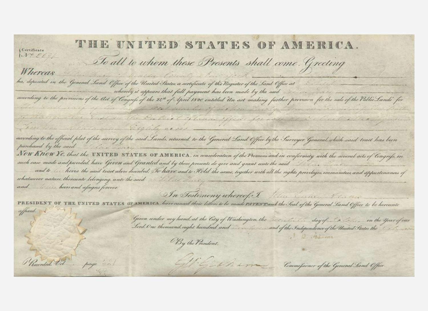 [Presidential] Adams, John Quincy: Partially-Printed Document, signed