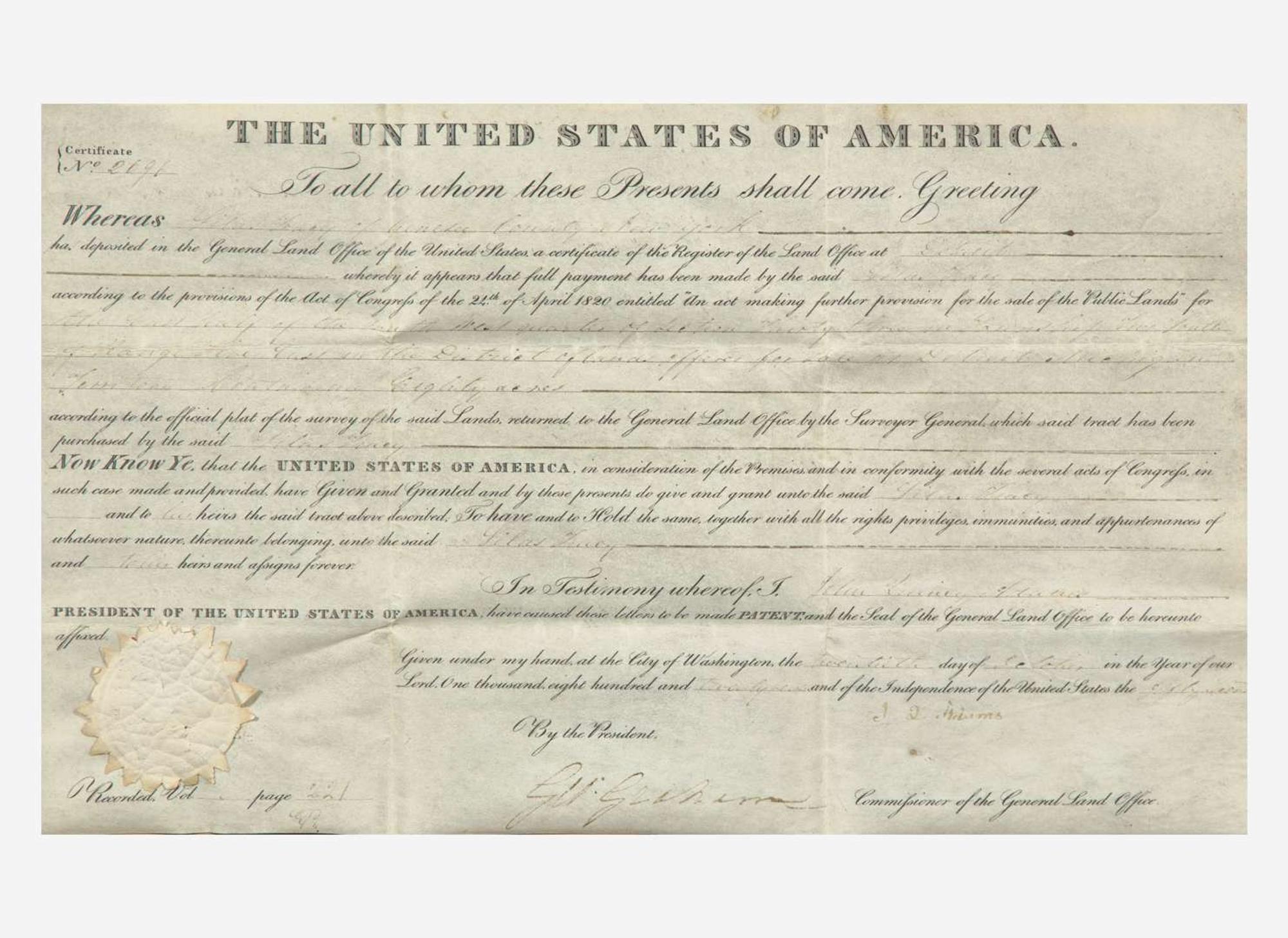 [Presidential] Adams, John Quincy: Partially-Printed Document, signed