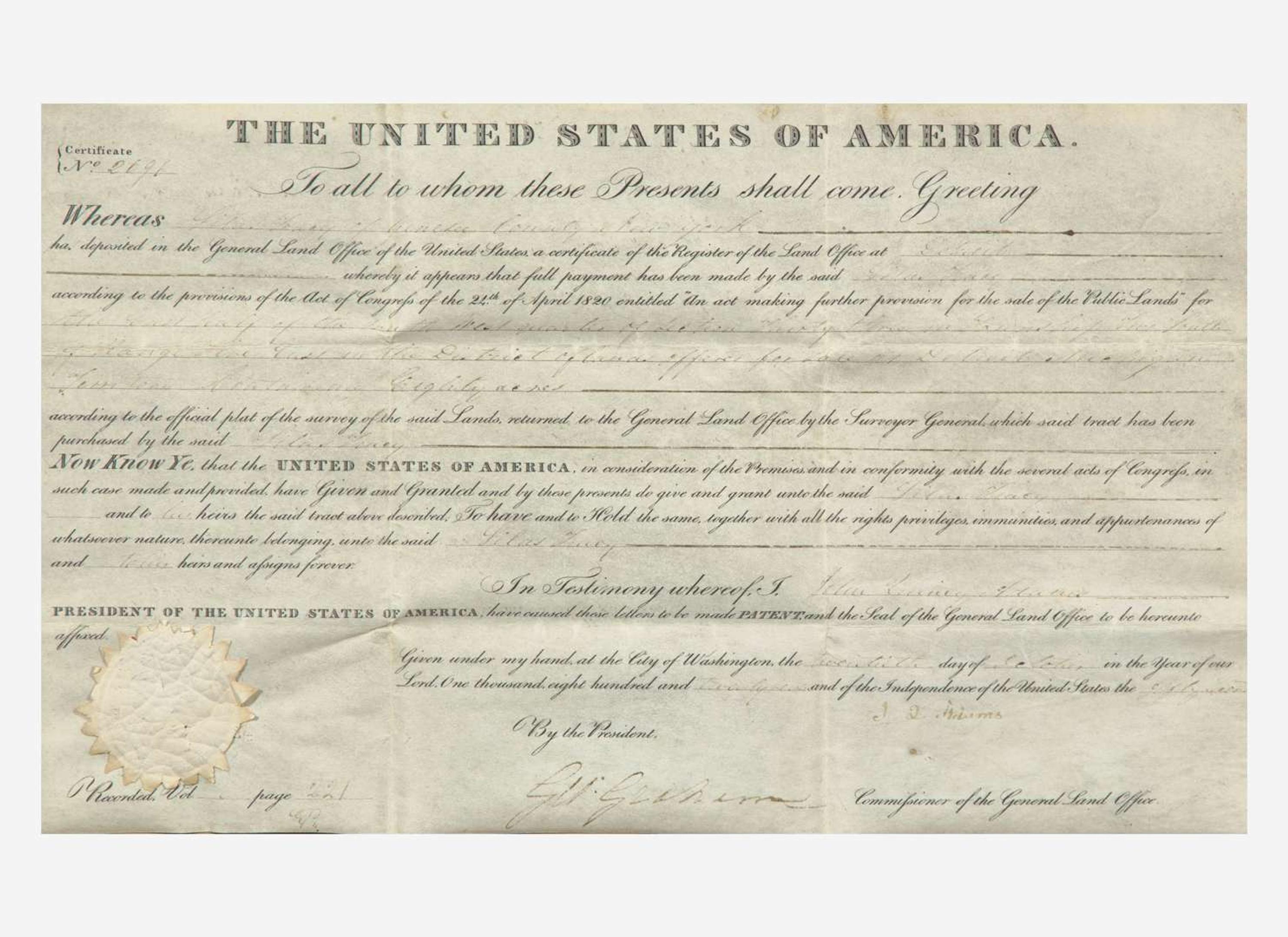 [Presidential] Adams, John Quincy: Partially-Printed Document, signed