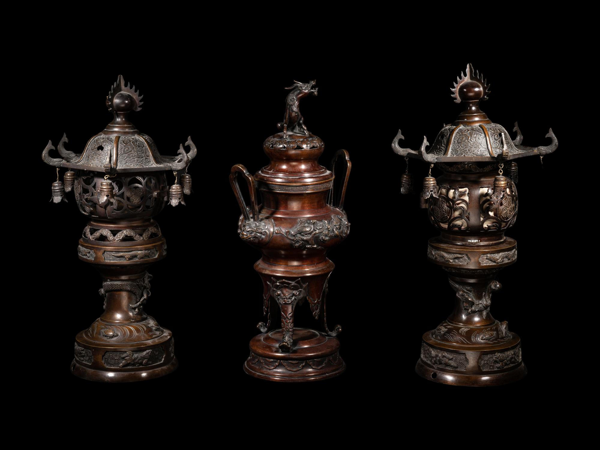 Two Japanese Pagoda-Form Bronze Lanterns and A Bronze Incense Burner