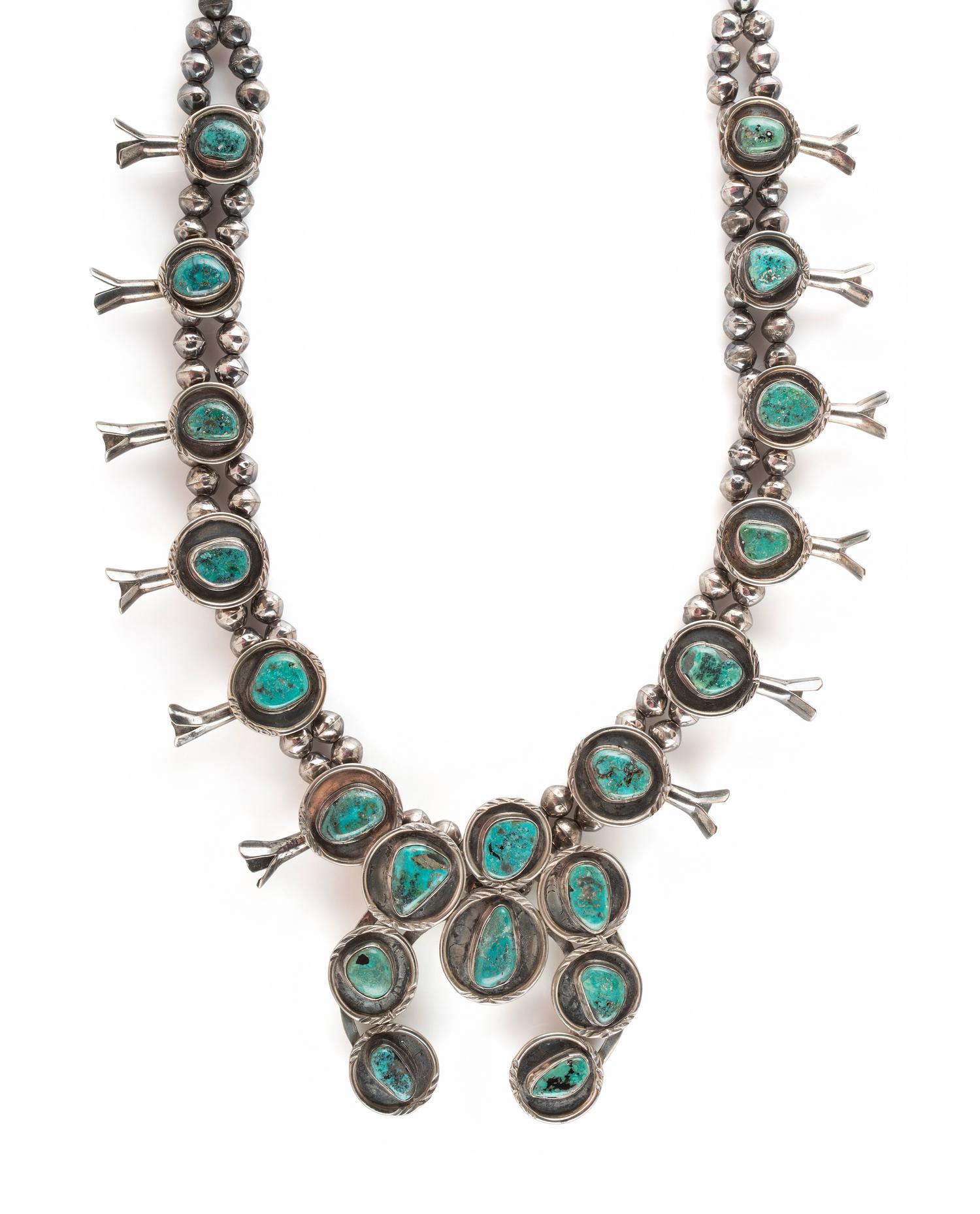 Navajo Silver and Turquoise Squash Blossom Necklace