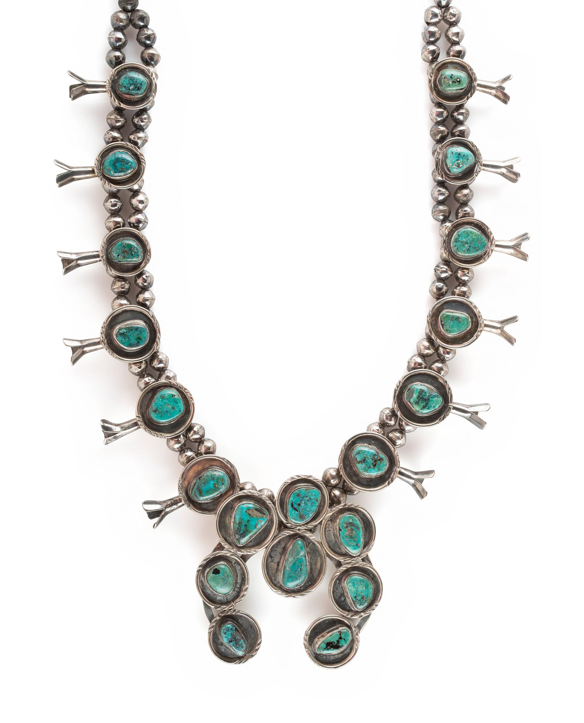 Navajo Silver and Turquoise Squash Blossom Necklace