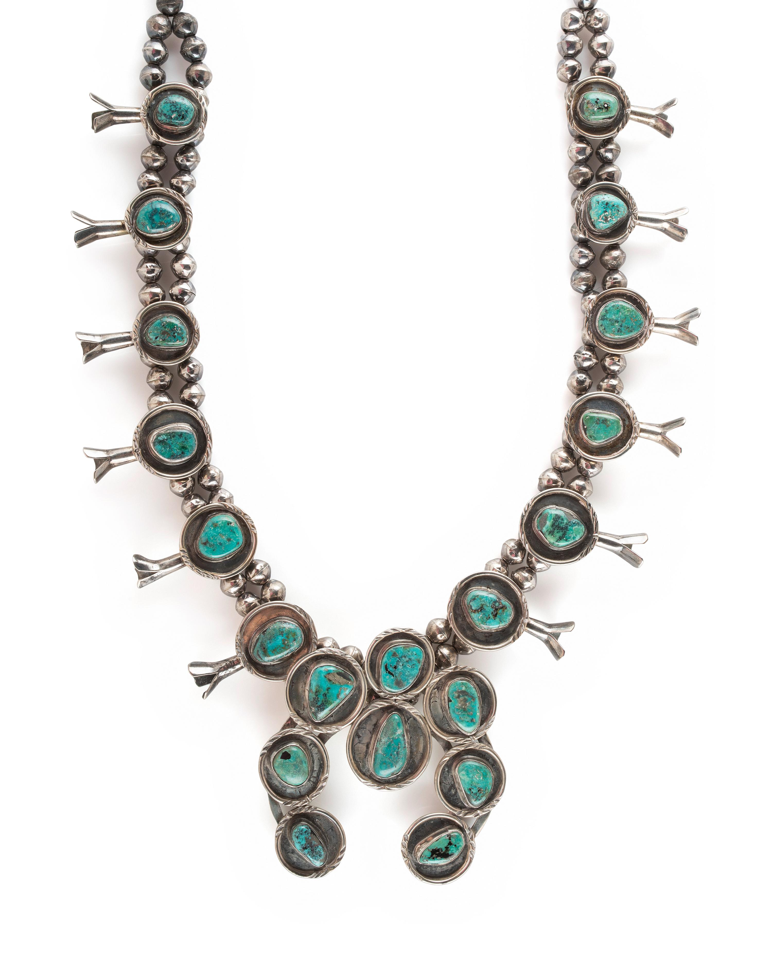 Navajo Silver and Turquoise Squash Blossom Necklace