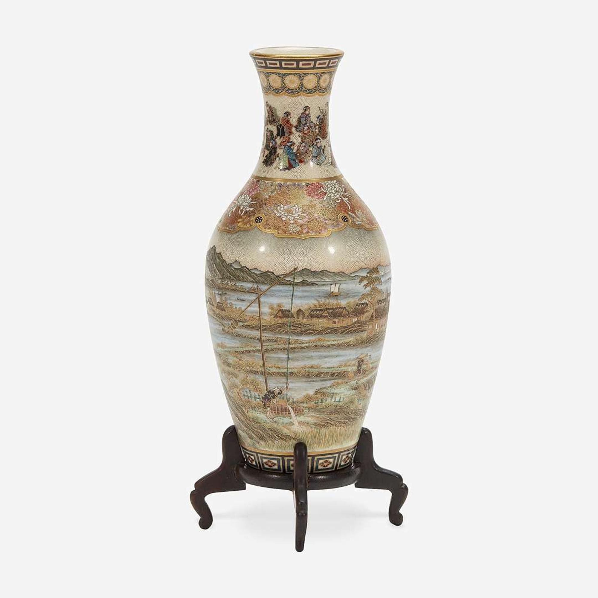A Japanese Satsuma-type enameled pottery cabinet vase with wood stand, Yabu Meizan Meiji period