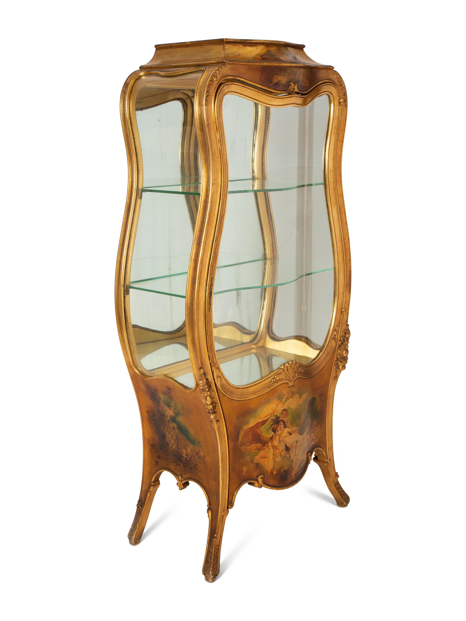 A Louis XV Style Giltwood Vernis Martin Vitrine Cabinet