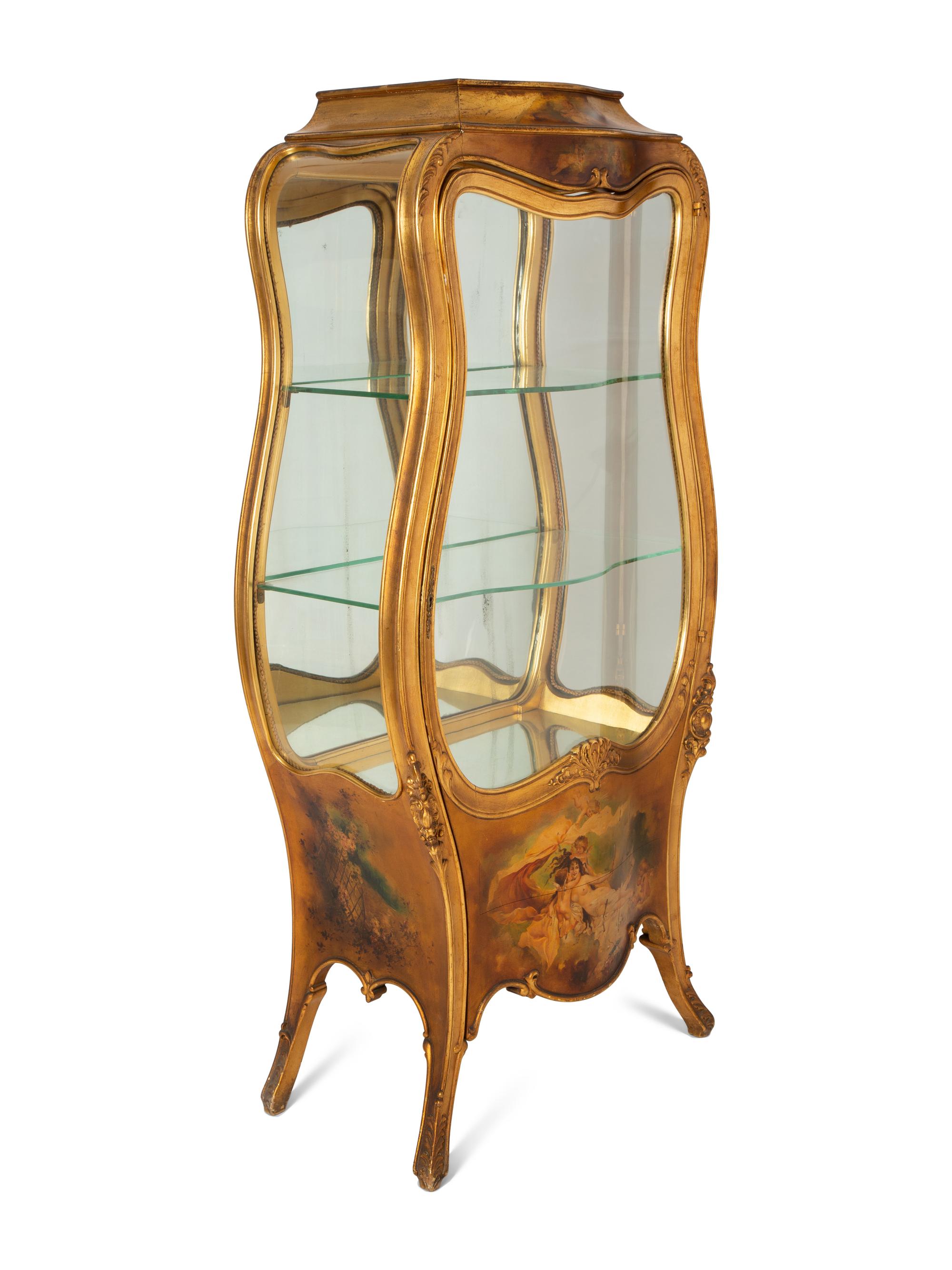 A Louis XV Style Giltwood Vernis Martin Vitrine Cabinet