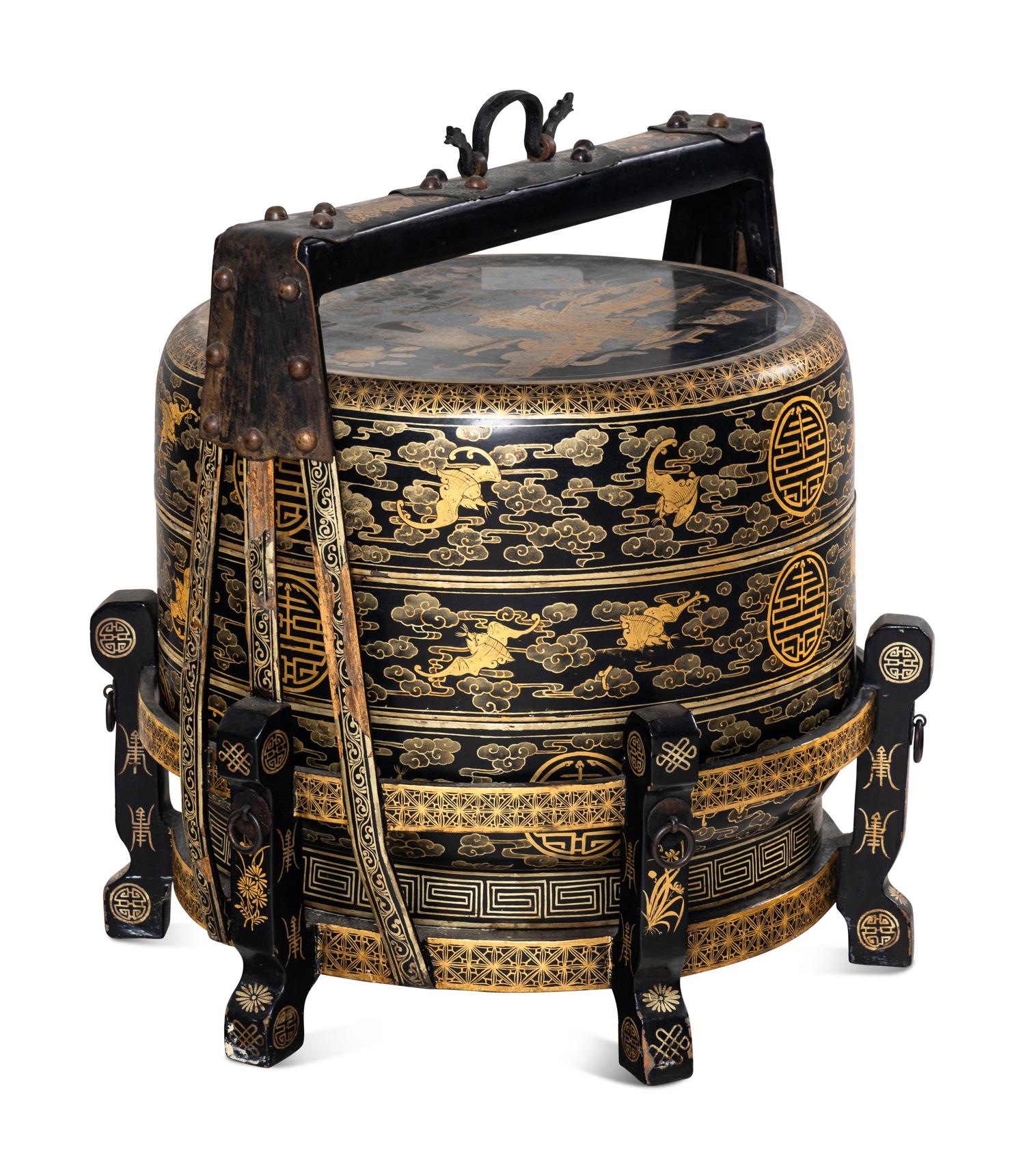 A Chinese Gilt Decorated Black Lacquered Tiered Basket