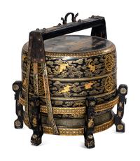 A Chinese Gilt Decorated Black Lacquered Tiered Basket