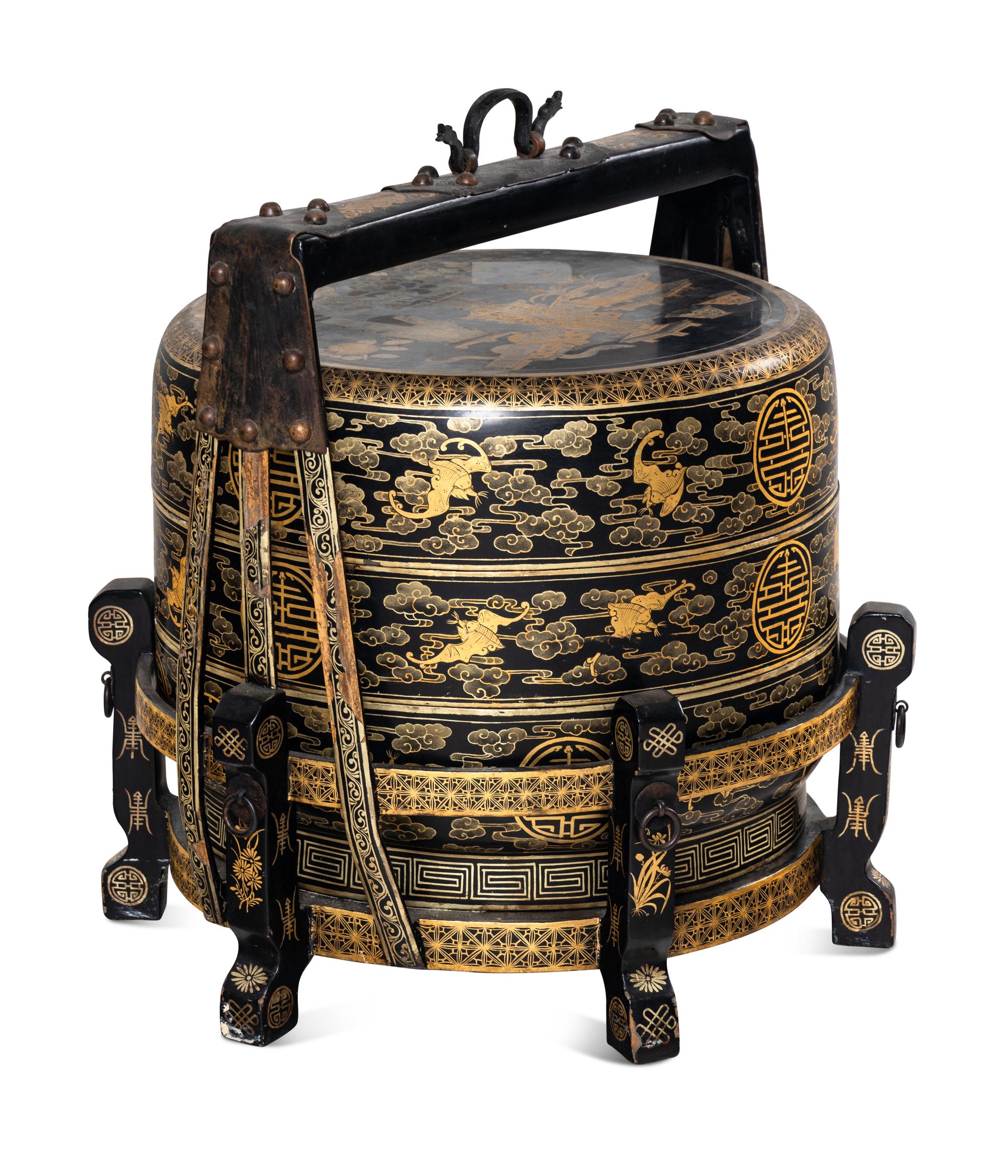 A Chinese Gilt Decorated Black Lacquered Tiered Basket