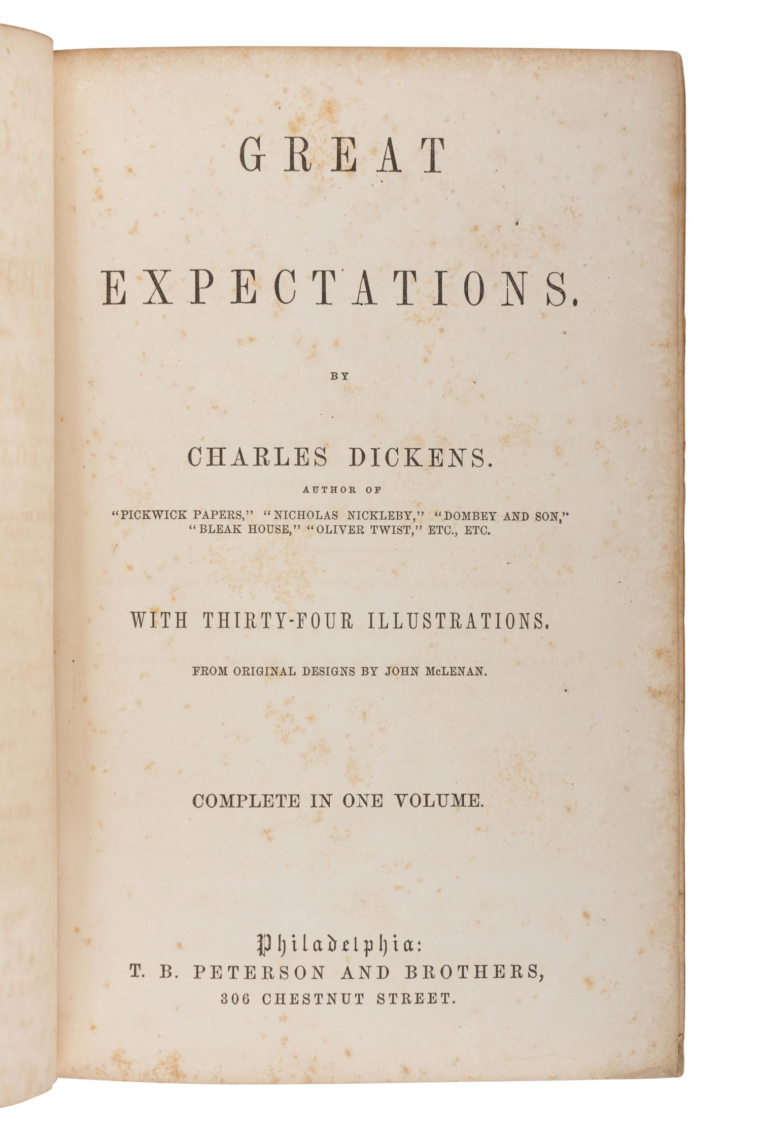 DICKENS, Charles (1812-1870). Great Expectations . Philadelphia: T.B. Peterson and Brothers, 1861.