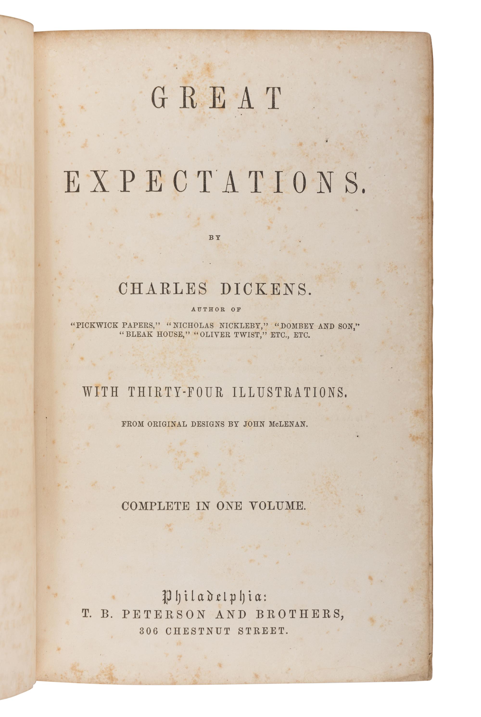 DICKENS, Charles (1812-1870). Great Expectations . Philadelphia: T.B. Peterson and Brothers, 1861.