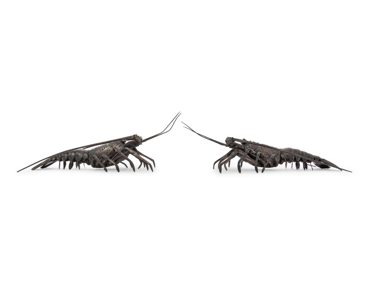 A Pair of Japanese Silvered Bronze Articulated Models of Ebi, Spiny Lobsters