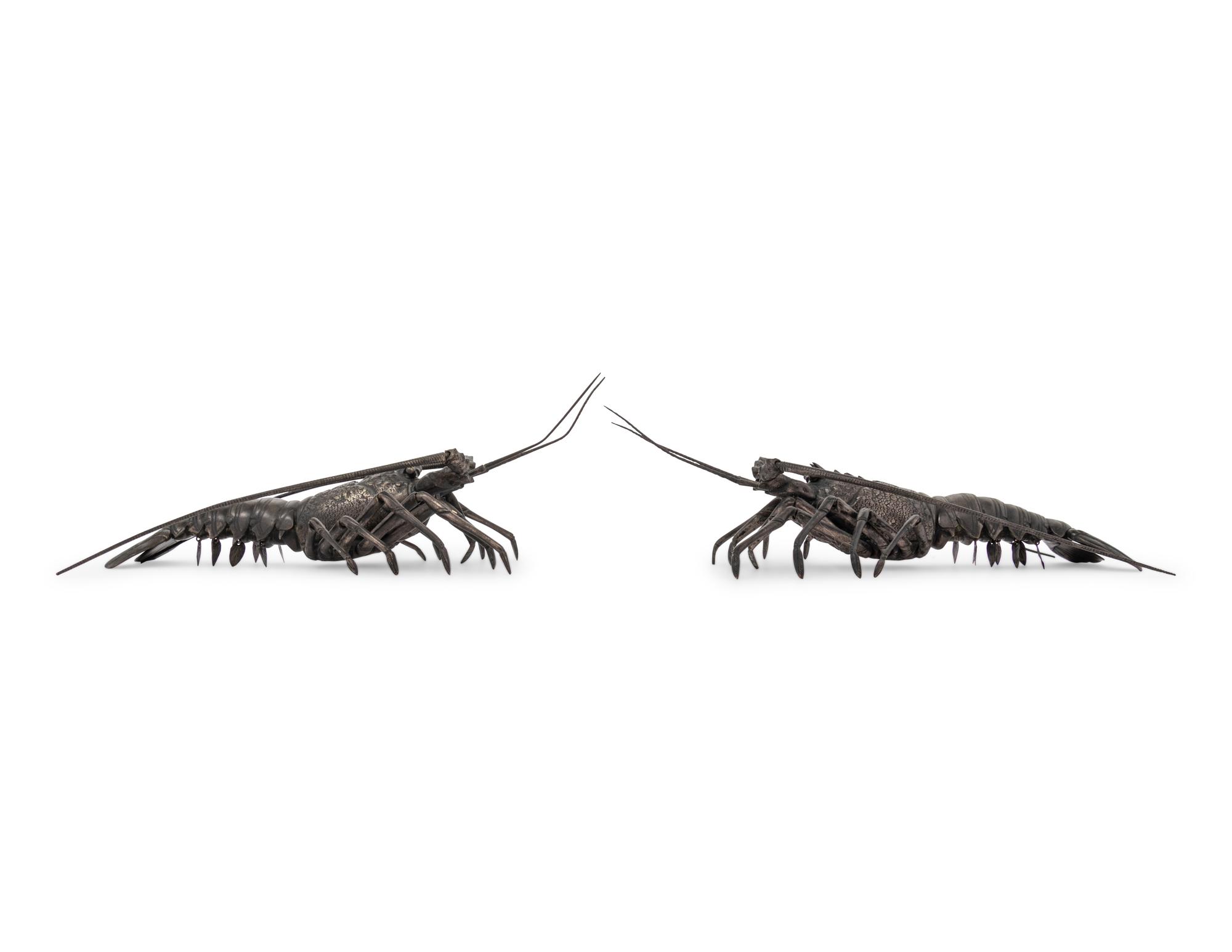 A Pair of Japanese Silvered Bronze Articulated Models of Ebi, Spiny Lobsters