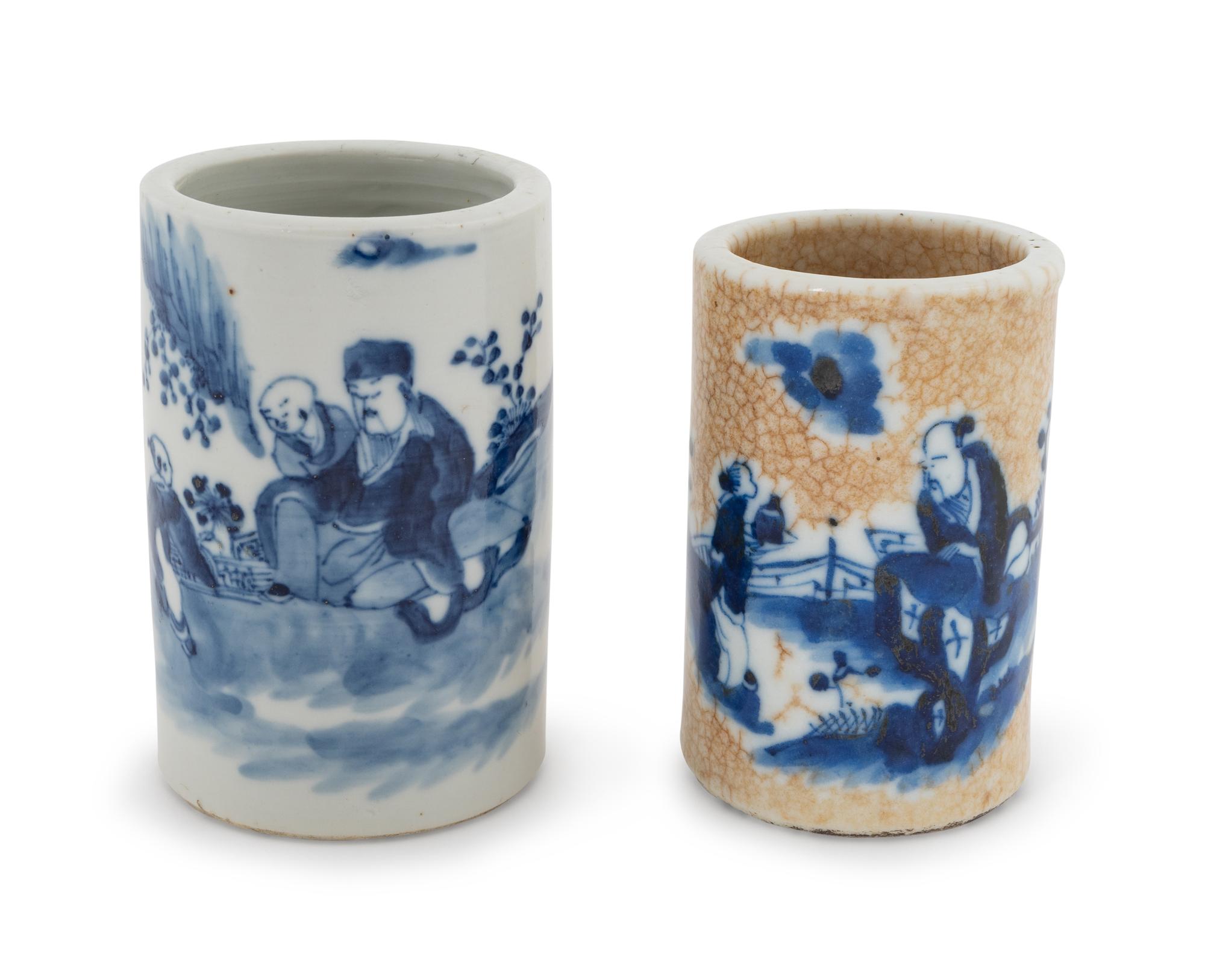 Two Chinese Blue and White Porcelain Brush Pots, Bitongs — LATE 19TH CENTURY