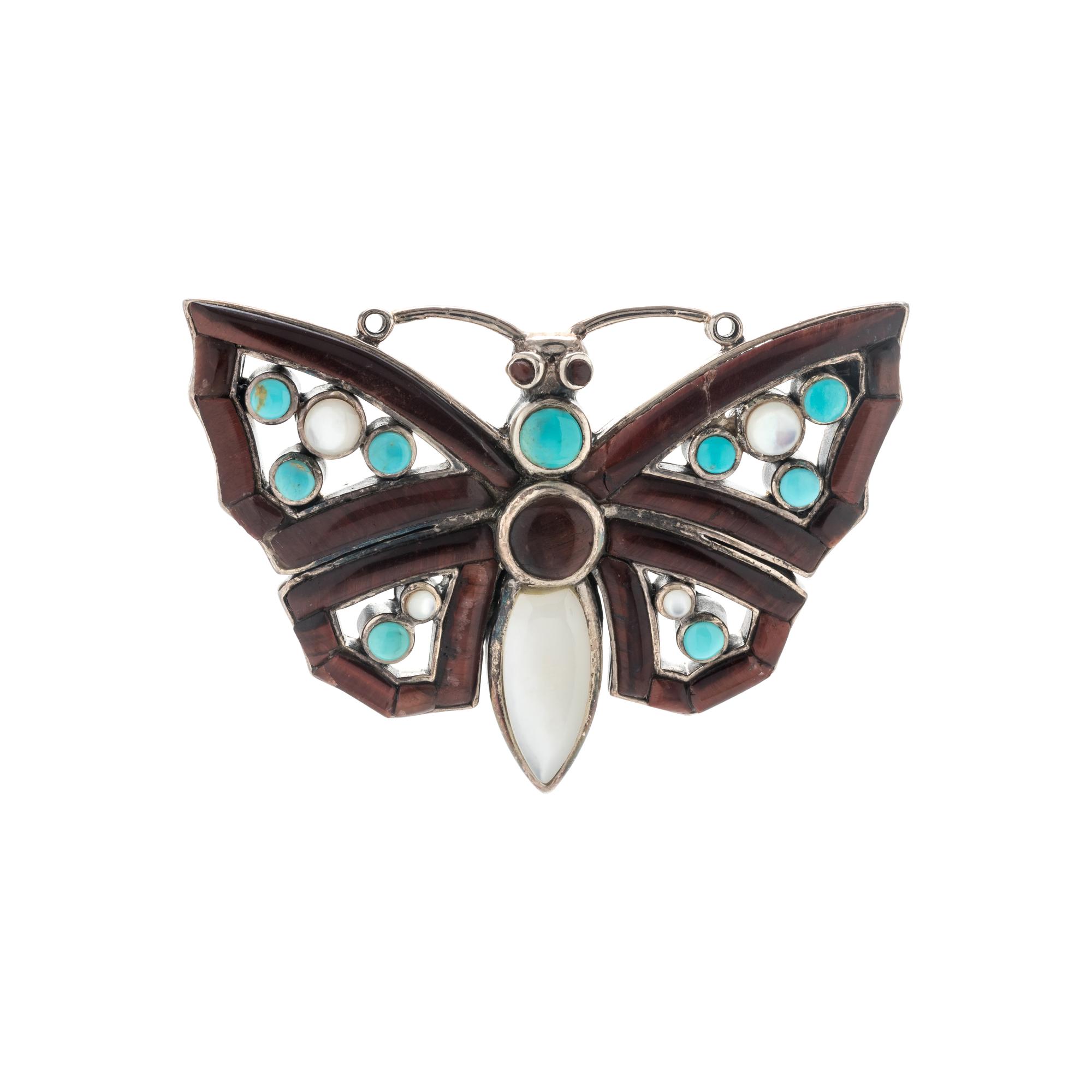 STERLING SILVER AND HARDSTONE BUTTERFLY BROOCH
